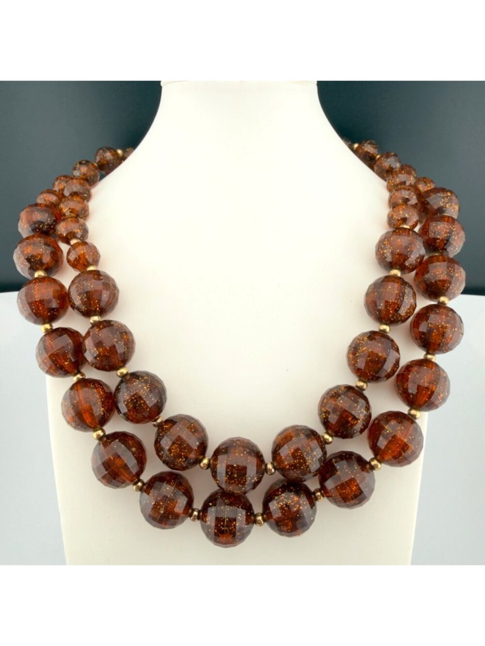 Vintage Layered Beaded Necklace Faceted Root Beer Brown Glitter Gold Tone 18"